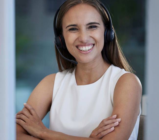 Call center, portrait smile and woman for telemarketing, virtual communication or financial advisor