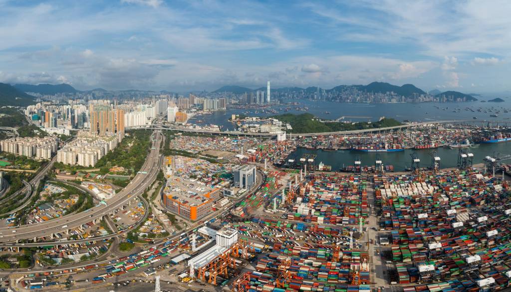 Top view of cargo terminal port in Hong Kong city